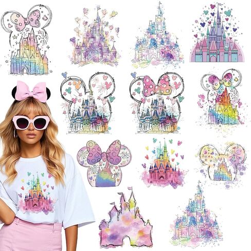 RiVolTa Mouse Castle حديد على النقل - 12 ورقة لطيف الفئران الأذن DTF جاهزة للضغط على القمصان الألوان المائية الملونة المملكة السحرية ملصقات الحرارة بقع الفينيل الشارات يزين أكياس الملابس الحرف اليدوية in Kuwait