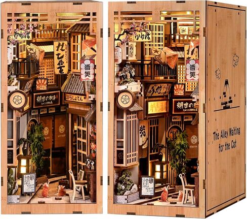مجموعة زوايا الكتب DIY، غلاف خشبي ثلاثي الأبعاد مع ضوء LED، نموذج منزل مصغر لزقاق الشارع الياباني، رف إبداعي للديكور والحرف اليدوية هدية للبالغين المراهقين (الزقاق في انتظار القطة) in Kuwait