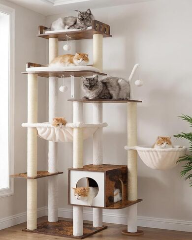 Heybly Cat Tree, 70.5 Inch Wood Tall Cat Tower for Large Indoor Cats with Extra Stable Structure, Modern Cat Furniture with All-Sisal Scratching Posts, Cat Condo & Hammocks, Rustic Brown HCT121SR in Saudi Arabia