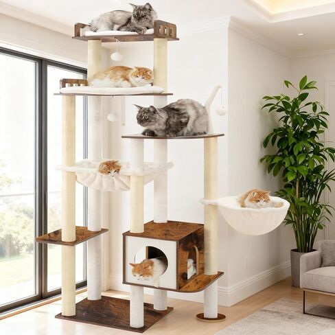 Heybly Cat Tree, 70.5 Inch Wood Tall Cat Tower for Large Indoor Cats with Extra Stable Structure, Modern Cat Furniture with All-Sisal Scratching Posts, Cat Condo & Hammocks, Rustic Brown HCT121SR in Saudi Arabia