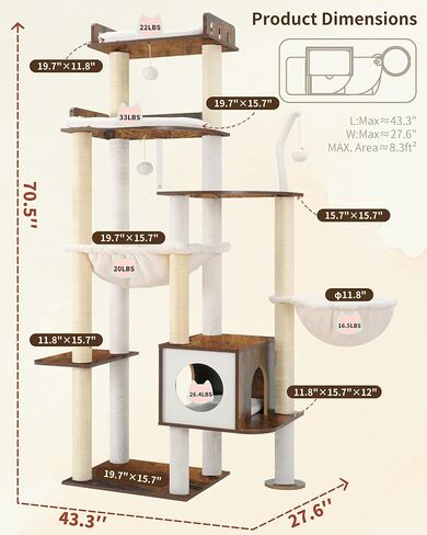 Heybly Cat Tree, 70.5 Inch Wood Tall Cat Tower for Large Indoor Cats with Extra Stable Structure, Modern Cat Furniture with All-Sisal Scratching Posts, Cat Condo & Hammocks, Rustic Brown HCT121SR in Saudi Arabia