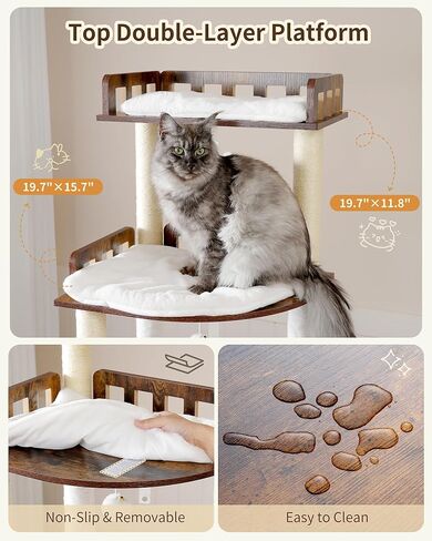 Heybly Cat Tree, 70.5 Inch Wood Tall Cat Tower for Large Indoor Cats with Extra Stable Structure, Modern Cat Furniture with All-Sisal Scratching Posts, Cat Condo & Hammocks, Rustic Brown HCT121SR in Saudi Arabia