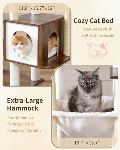 Heybly Cat Tree, 70.5 Inch Wood Tall Cat Tower for Large Indoor Cats with Extra Stable Structure, Modern Cat Furniture with All-Sisal Scratching Posts, Cat Condo & Hammocks, Rustic Brown HCT121SR in Saudi Arabia