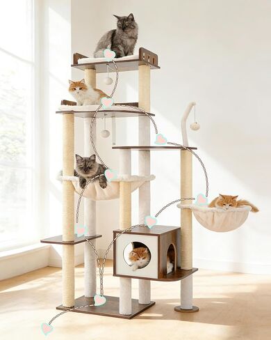 Heybly Cat Tree, 70.5 Inch Wood Tall Cat Tower for Large Indoor Cats with Extra Stable Structure, Modern Cat Furniture with All-Sisal Scratching Posts, Cat Condo & Hammocks, Rustic Brown HCT121SR in Saudi Arabia