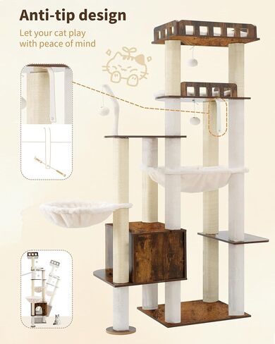 Heybly Cat Tree, 70.5 Inch Wood Tall Cat Tower for Large Indoor Cats with Extra Stable Structure, Modern Cat Furniture with All-Sisal Scratching Posts, Cat Condo & Hammocks, Rustic Brown HCT121SR in Saudi Arabia