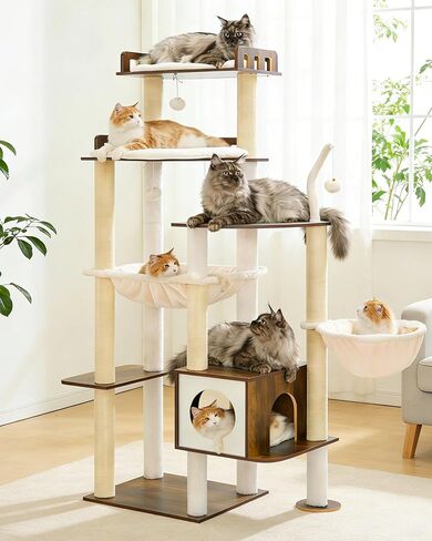 Heybly Cat Tree, 70.5 Inch Wood Tall Cat Tower for Large Indoor Cats with Extra Stable Structure, Modern Cat Furniture with All-Sisal Scratching Posts, Cat Condo & Hammocks, Rustic Brown HCT121SR in Saudi Arabia