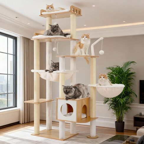 Heybly Cat Tree, 70.5 Inch Wood Tall Cat Tower for Large Indoor Cats with Extra Stable Structure, Modern Cat Furniture with All-Sisal Scratching Posts, Cat Condo & Hammocks, Rustic Brown HCT121SR in Saudi Arabia
