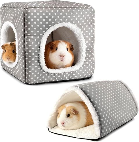 Guinea Pig Hideout, Dwarf Rabbit Bed with Play Tunnel, Washable Fleece House for Dwarf Bunnies, Chinchillas, Hedgehogs, Small Animal Cage Accessories Gray Dot in Saudi Arabia