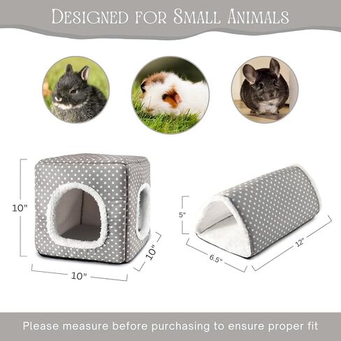 Guinea Pig Hideout, Dwarf Rabbit Bed with Play Tunnel, Washable Fleece House for Dwarf Bunnies, Chinchillas, Hedgehogs, Small Animal Cage Accessories Gray Dot in Saudi Arabia