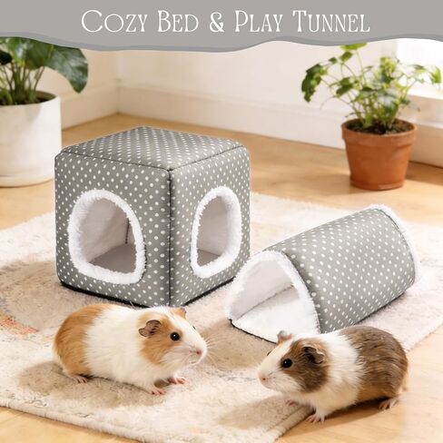 Guinea Pig Hideout, Dwarf Rabbit Bed with Play Tunnel, Washable Fleece House for Dwarf Bunnies, Chinchillas, Hedgehogs, Small Animal Cage Accessories Gray Dot in Saudi Arabia