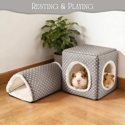 Guinea Pig Hideout, Dwarf Rabbit Bed with Play Tunnel, Washable Fleece House for Dwarf Bunnies, Chinchillas, Hedgehogs, Small Animal Cage Accessories Gray Dot in Saudi Arabia
