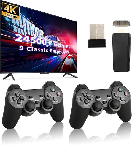 وحدة تحكم ألعاب ريترو، وحدة تحكم ألعاب ريترو لاسلكية، 9 محاكيات مدمجة، مخرج HDMI 4K، ثنائي 2.4 جيجا هرتز، 24500 لعبة مدمجة، ألعاب فيديو التوصيل والتشغيل، أسود داكن in Kuwait