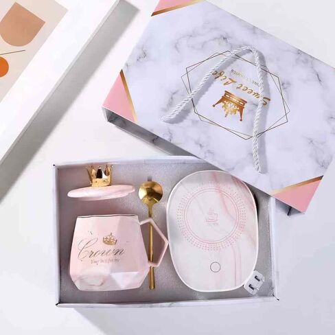 أداة تسخين كوب القهوة، سخان المشروبات، كوب قهوة جميل مع مجموعة أكثر دفئًا، تشغيل/إيقاف تلقائي بالجاذبية، سخان حليب الماء والشاي والقهوة مع كوب للاستخدام المنزلي في المكتب (وردي) in Kuwait