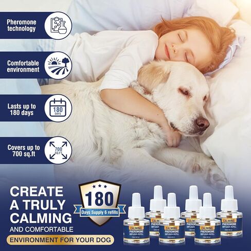 عبوة من 6 عبوات من فرمونات تهدئة الكلاب، عبوة من 6 عبوات من الفيرومونات الخاصة بالحيوانات الأليفة، 48 مل لتهدئة وتخفيف القلق، وتقليل العدوانية، ومكافحة الإجهاد، والنباح، ومناسبة لأجهزة توزيع الروائح الشائعة في 180 يومًا (لا طعم لها) in Kuwait