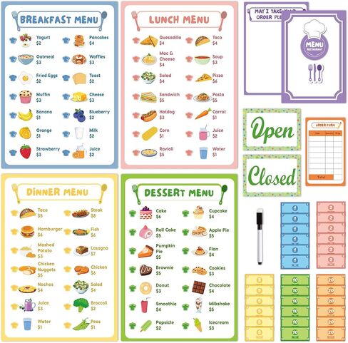 36Pcs Pretend Play Restaurant Menus Set for Kids Kitchen Food Diner Order Pads 4 Pretend Menus 1 Open/Close Sign 30 Play Money 1 Erasable Pen for Toddlers Girl Boy Role Plays Accessory Birthday Gift in Saudi Arabia