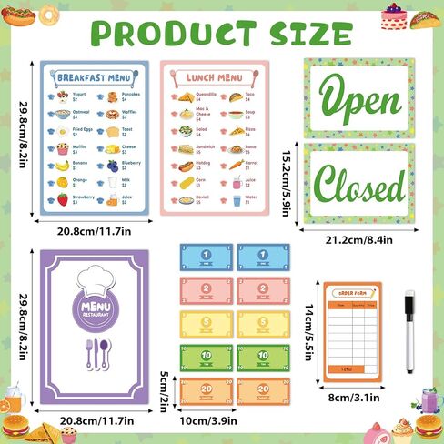36Pcs Pretend Play Restaurant Menus Set for Kids Kitchen Food Diner Order Pads 4 Pretend Menus 1 Open/Close Sign 30 Play Money 1 Erasable Pen for Toddlers Girl Boy Role Plays Accessory Birthday Gift in Saudi Arabia