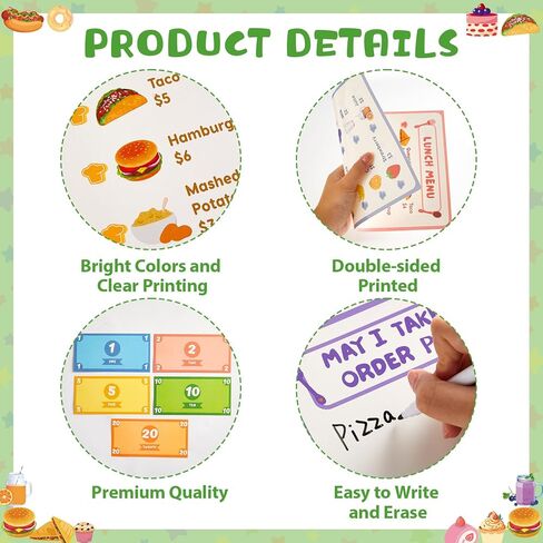 36Pcs Pretend Play Restaurant Menus Set for Kids Kitchen Food Diner Order Pads 4 Pretend Menus 1 Open/Close Sign 30 Play Money 1 Erasable Pen for Toddlers Girl Boy Role Plays Accessory Birthday Gift in Saudi Arabia