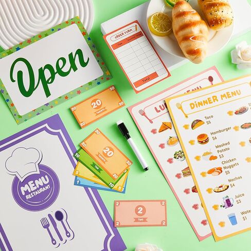 36Pcs Pretend Play Restaurant Menus Set for Kids Kitchen Food Diner Order Pads 4 Pretend Menus 1 Open/Close Sign 30 Play Money 1 Erasable Pen for Toddlers Girl Boy Role Plays Accessory Birthday Gift in Saudi Arabia