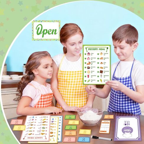 36Pcs Pretend Play Restaurant Menus Set for Kids Kitchen Food Diner Order Pads 4 Pretend Menus 1 Open/Close Sign 30 Play Money 1 Erasable Pen for Toddlers Girl Boy Role Plays Accessory Birthday Gift in Saudi Arabia