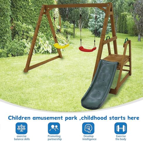 مجموعة أرجوحة للأطفال للاستخدام الخارجي والمنزلق - إطار أرجوحة قوي من الخشب الصلب مع سلم للتسلق - طبيعي in Kuwait
