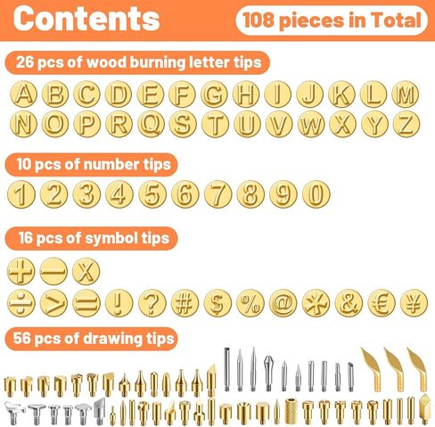 108 Pieces Wood Burning Tip Pyrography Complete Wood Burning Tip Set with Alphabet Letters Numbers Symbols for DIY Wooden Burner Carving Leather Crafting Projects in Kuwait
