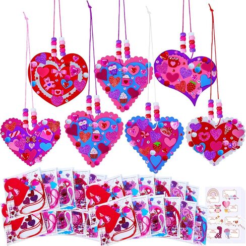Winlyn 24 Sets Valentine's Day Heart Necklace Decorations DIY Valentine Craft Kits Assorted Heart Shaped with Valentine Foam Stickers for Kids School Classroom Activities Party Favors Gift Exchange in Saudi Arabia