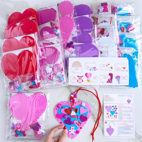 Winlyn 24 Sets Valentine's Day Heart Necklace Decorations DIY Valentine Craft Kits Assorted Heart Shaped with Valentine Foam Stickers for Kids School Classroom Activities Party Favors Gift Exchange in Saudi Arabia
