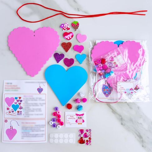 Winlyn 24 Sets Valentine's Day Heart Necklace Decorations DIY Valentine Craft Kits Assorted Heart Shaped with Valentine Foam Stickers for Kids School Classroom Activities Party Favors Gift Exchange in Saudi Arabia