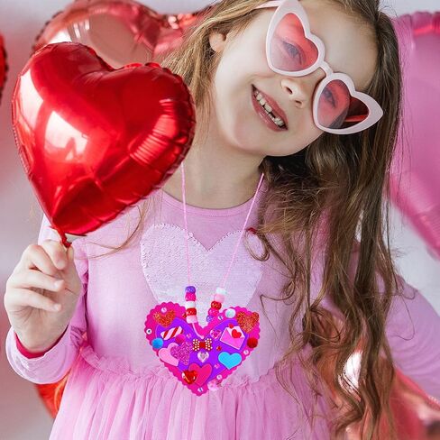 Winlyn 24 Sets Valentine's Day Heart Necklace Decorations DIY Valentine Craft Kits Assorted Heart Shaped with Valentine Foam Stickers for Kids School Classroom Activities Party Favors Gift Exchange in Saudi Arabia