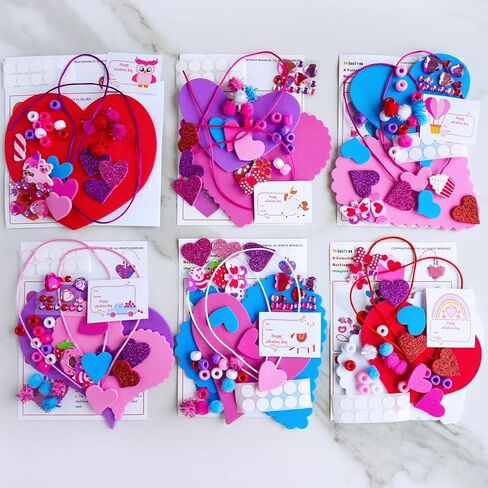 Winlyn 24 Sets Valentine's Day Heart Necklace Decorations DIY Valentine Craft Kits Assorted Heart Shaped with Valentine Foam Stickers for Kids School Classroom Activities Party Favors Gift Exchange in Saudi Arabia