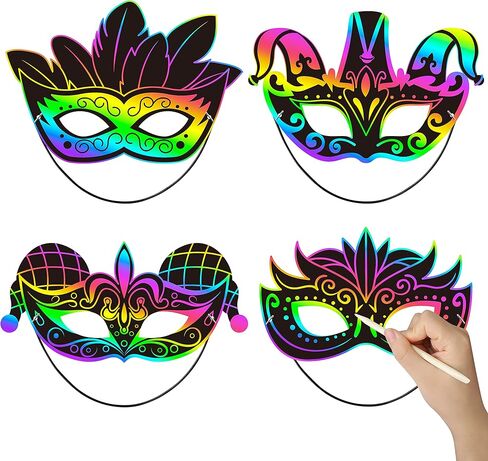 WATINC 24pcs Mardi Gras Scratch Masks for Kids, Carnival Prom Art Craft Kit, Masquerade Party DIY Magic Color Paper Mask, Costumes Dress Up Scratch Off Cards Supplies in Saudi Arabia