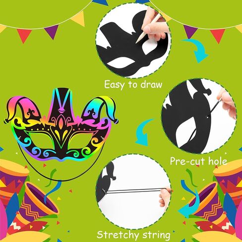 WATINC 24pcs Mardi Gras Scratch Masks for Kids, Carnival Prom Art Craft Kit, Masquerade Party DIY Magic Color Paper Mask, Costumes Dress Up Scratch Off Cards Supplies in Saudi Arabia