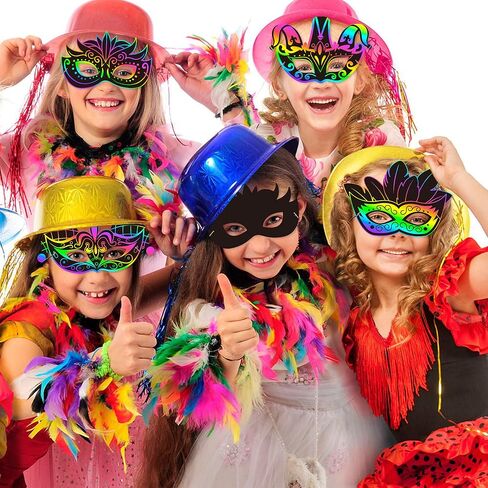 WATINC 24pcs Mardi Gras Scratch Masks for Kids, Carnival Prom Art Craft Kit, Masquerade Party DIY Magic Color Paper Mask, Costumes Dress Up Scratch Off Cards Supplies in Saudi Arabia