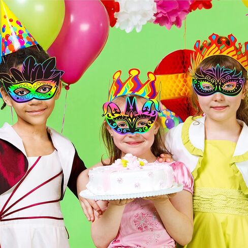 WATINC 24pcs Mardi Gras Scratch Masks for Kids, Carnival Prom Art Craft Kit, Masquerade Party DIY Magic Color Paper Mask, Costumes Dress Up Scratch Off Cards Supplies in Saudi Arabia