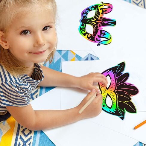 WATINC 24pcs Mardi Gras Scratch Masks for Kids, Carnival Prom Art Craft Kit, Masquerade Party DIY Magic Color Paper Mask, Costumes Dress Up Scratch Off Cards Supplies in Saudi Arabia