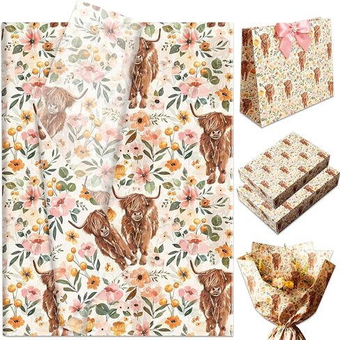 JeVenis Floral Highland Cow Tissue Paper Boho Flower Wrapping Tissue Paper for Birthday Party DIY Craft Supplies, 50 sheet, 20 × 14 Inches in Saudi Arabia