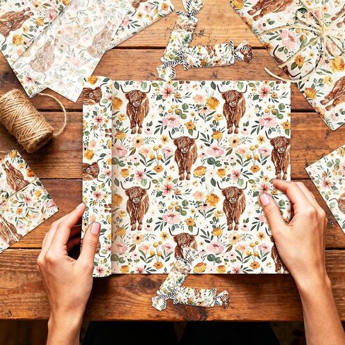 JeVenis Floral Highland Cow Tissue Paper Boho Flower Wrapping Tissue Paper for Birthday Party DIY Craft Supplies, 50 sheet, 20 × 14 Inches in Saudi Arabia