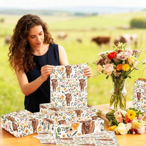 JeVenis Floral Highland Cow Tissue Paper Boho Flower Wrapping Tissue Paper for Birthday Party DIY Craft Supplies, 50 sheet, 20 × 14 Inches in Saudi Arabia