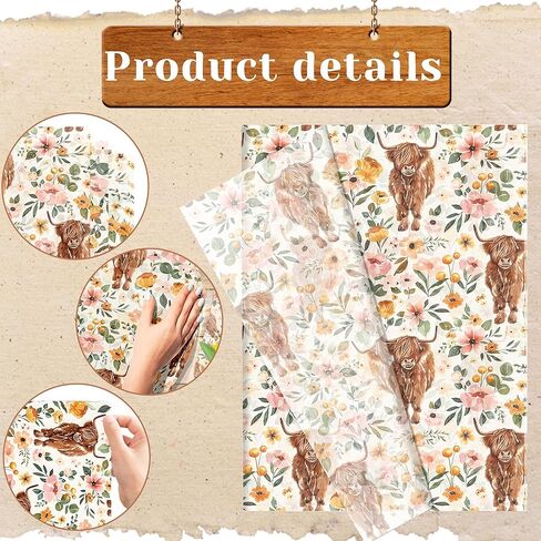 JeVenis Floral Highland Cow Tissue Paper Boho Flower Wrapping Tissue Paper for Birthday Party DIY Craft Supplies, 50 sheet, 20 × 14 Inches in Saudi Arabia
