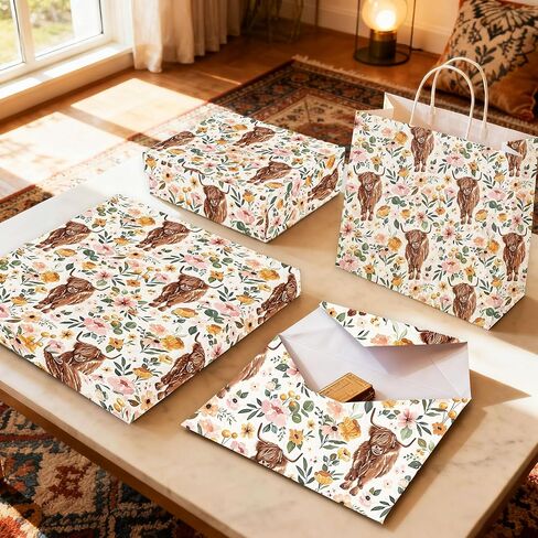 JeVenis Floral Highland Cow Tissue Paper Boho Flower Wrapping Tissue Paper for Birthday Party DIY Craft Supplies, 50 sheet, 20 × 14 Inches in Saudi Arabia