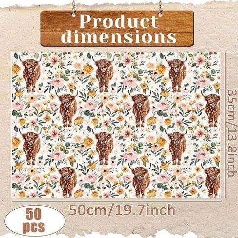 JeVenis Floral Highland Cow Tissue Paper Boho Flower Wrapping Tissue Paper for Birthday Party DIY Craft Supplies, 50 sheet, 20 × 14 Inches in Saudi Arabia