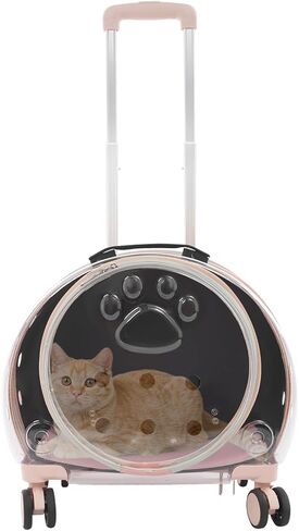 Breathable Cat Carrier with Wheels, Rolling Pet Carrier for Cats Small Dogs Within 20 lbs, Clear Ventilation Holes, Carrying Case Pet Trolley Backpack for Hiking Travel (Transparent, Pink) in Saudi Arabia