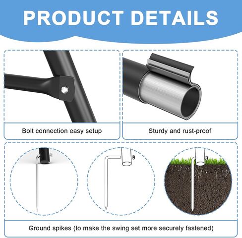 إطار متأرجح، حامل متأرجح بمقعدين مع أوتاد أرضية، معدن سميك شديد التحمل، إطار حامل يدعم ما يصل إلى 440 رطل، للأطفال والكبار في الأماكن المغلقة والمفتوحة (بدون مقعد) in Kuwait