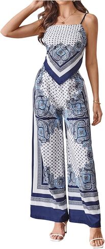 MakeMeChic Women's 2 Piece Boho Outfit Paisley Print Tie Backless Crop Tops and Wide Leg Pants Matching Set in Saudi Arabia