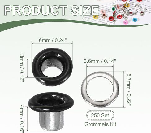 YELARXI Grommets Kit, Metal Eyelets, Grommet Eyelets Kit with Washers 3mm 1/8" Round Inner Hole Fitting for (Fabric/Shoes/Clothes/DIY Crafts/Bag/Belt) 250 Set & Bright Black in Saudi Arabia