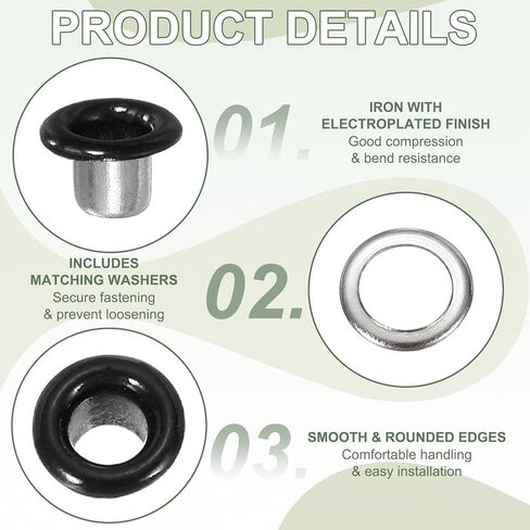 YELARXI Grommets Kit, Metal Eyelets, Grommet Eyelets Kit with Washers 3mm 1/8" Round Inner Hole Fitting for (Fabric/Shoes/Clothes/DIY Crafts/Bag/Belt) 250 Set & Bright Black in Saudi Arabia