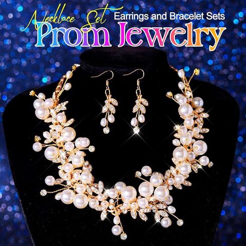 قلادة Gorais Pearl Rhinestone Set مجموعات مجوهرات حفل زفاف ذهبي للنساء in Saudi Arabia