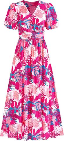 Prettygarden Summer Maxi Dresses for Women 2025 Floral v Neck Puff Sleeve Empire Ampire A Line Long Beach Buho Dress in Saudi Arabia