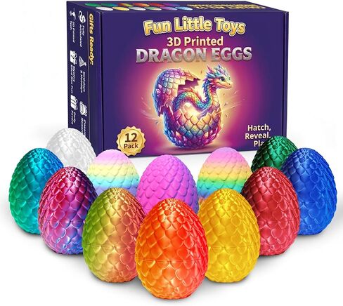 FUN LITTLE TOYS 12 Pack 3D Printed Dragon Eggs with Articulated Dragons, 12 No-Duplicate Colors, Non-Candy Easter Egg Hunt Fillers, Basket Stuffers, Party Favors & Classroom Prizes for Kids in Saudi Arabia