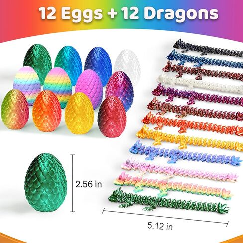 FUN LITTLE TOYS 12 Pack 3D Printed Dragon Eggs with Articulated Dragons, 12 No-Duplicate Colors, Non-Candy Easter Egg Hunt Fillers, Basket Stuffers, Party Favors & Classroom Prizes for Kids in Saudi Arabia